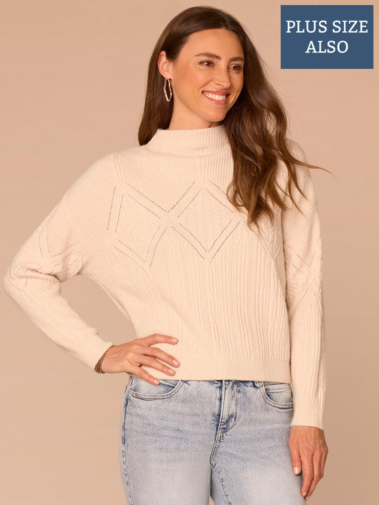 Straight Sleeve Mock Neck Argyle Cable Mix Stitch Plus Size Sweater - Cream