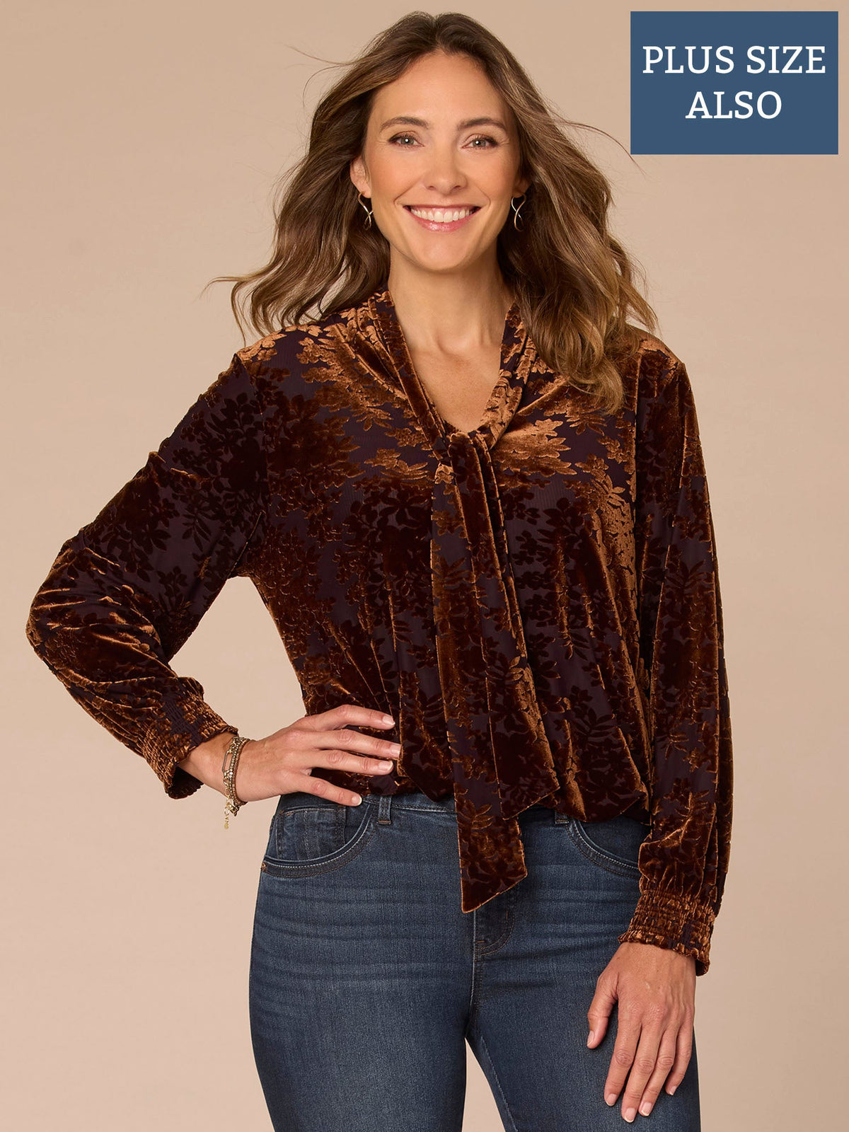 Long Blouson Sleeve Tie Neck Bubble Hem Printed Plus Size Knit Top - Indigo Brown