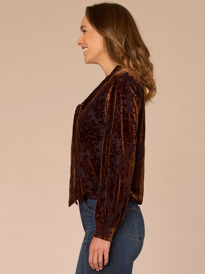 Long Blouson Sleeve Tie Neck Bubble Hem Printed Plus Size Knit Top - Indigo Brown