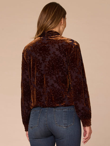 Long Blouson Sleeve Tie Neck Bubble Hem Printed Plus Size Knit Top - Indigo Brown