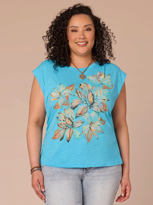 Extended Sleeve Scoop Neck Side Ruched Screen Print Plus Size Knit Top - Caribbean Blue Multi
