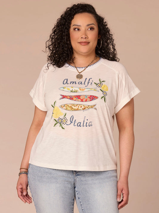 Short Sleeve Embroidered Neck Printed Plus Size Knit Boyfriend Tee - Off White Multi Print