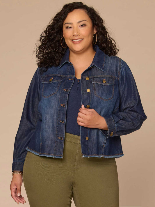 Long Sleeve Button Front Cropped Elastic Hem Plus Size Denim Jacket - Indigo Denim