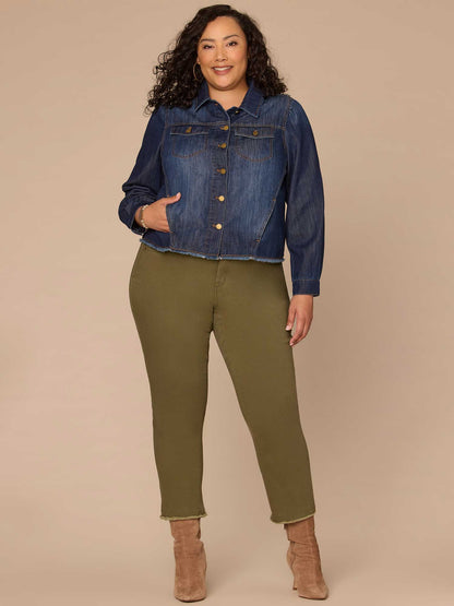 Long Sleeve Button Front Cropped Elastic Hem Plus Size Denim Jacket - Indigo Denim