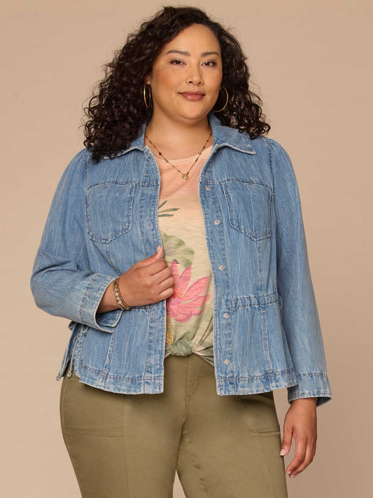 Long Sleeve Snap Front Waistband Tie Plus Size Peplum Denim Jacket - Light Blue Denim