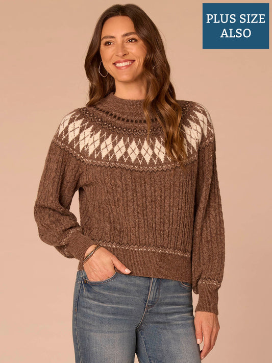 Long Blouson Sleeve High Round Neck Fair Isle Argyle Plus Size Sweater - Heather Brown Multi