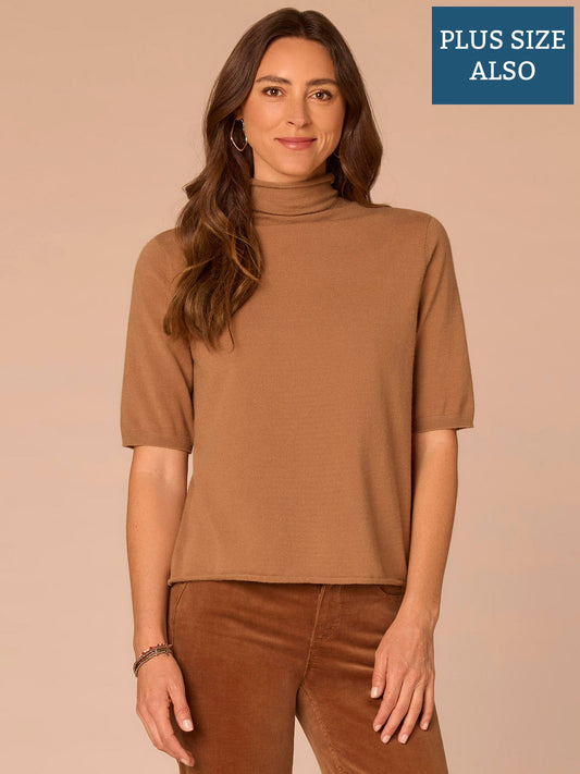 Above Elbow Sleeve Drape Mock Neck Curled Edge Plus Size Sweater - Camel