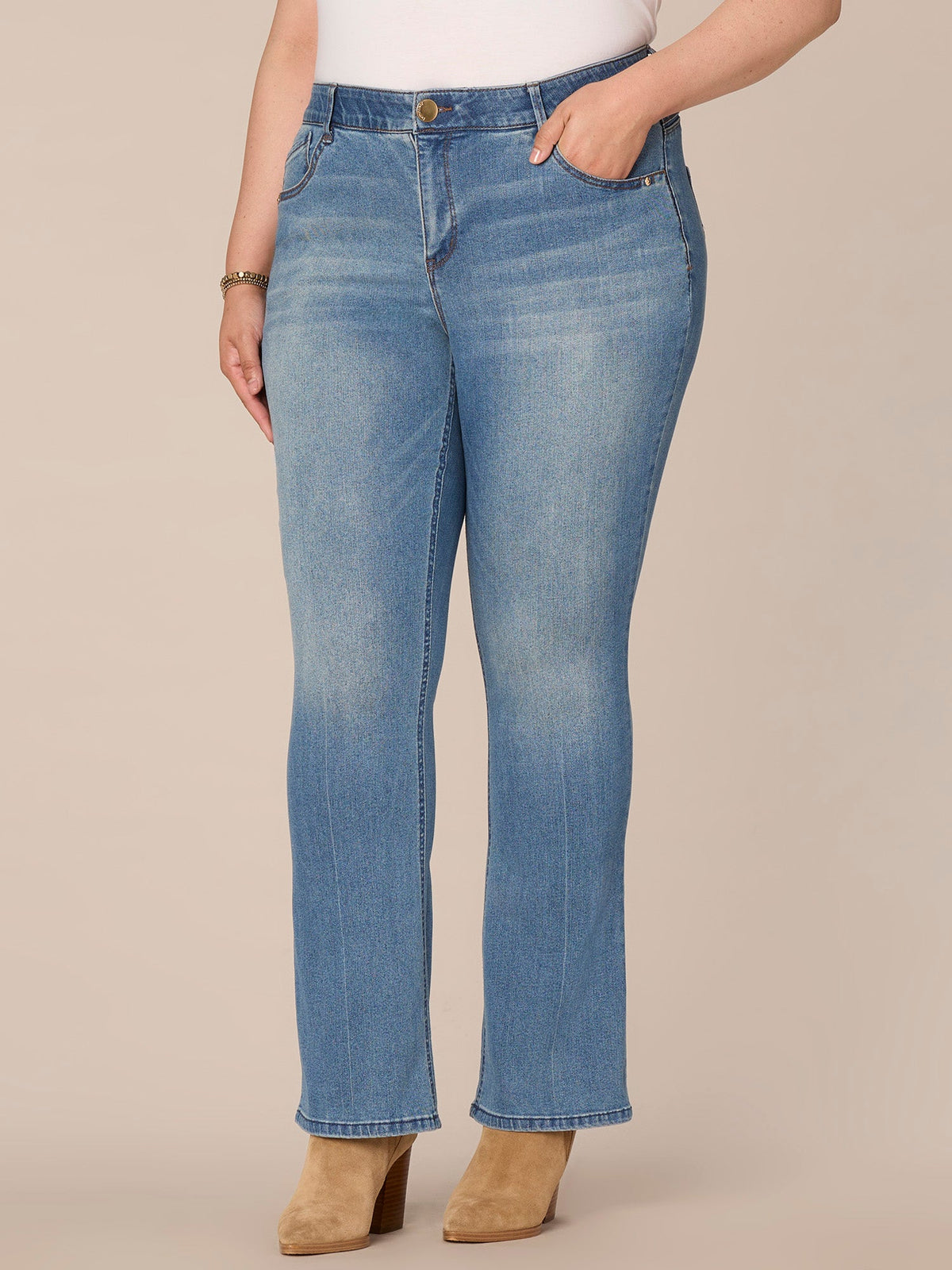 "Ab"solution High Rise Cascading D Itty Bitty Boot Plus Size Jeans - Mid Blue Denim