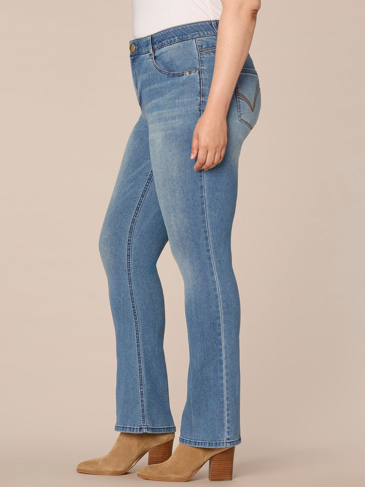 "Ab"solution High Rise Cascading D Itty Bitty Boot Plus Size Jeans - Mid Blue Denim