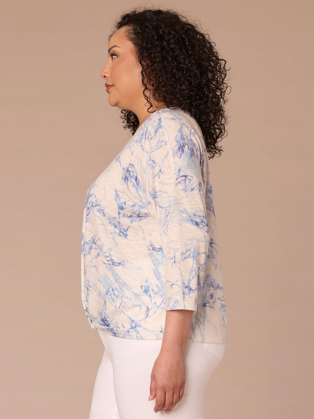 Three Quarter Sleeve Scoop Neck Twist Hem Printed Plus Size Knit Top - Provence Blue Marble Multi