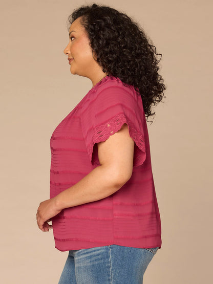 Short Sleeve Ruffle Split Neck Embroidered Plus Size Woven Top - Harvest Green|Beet Red