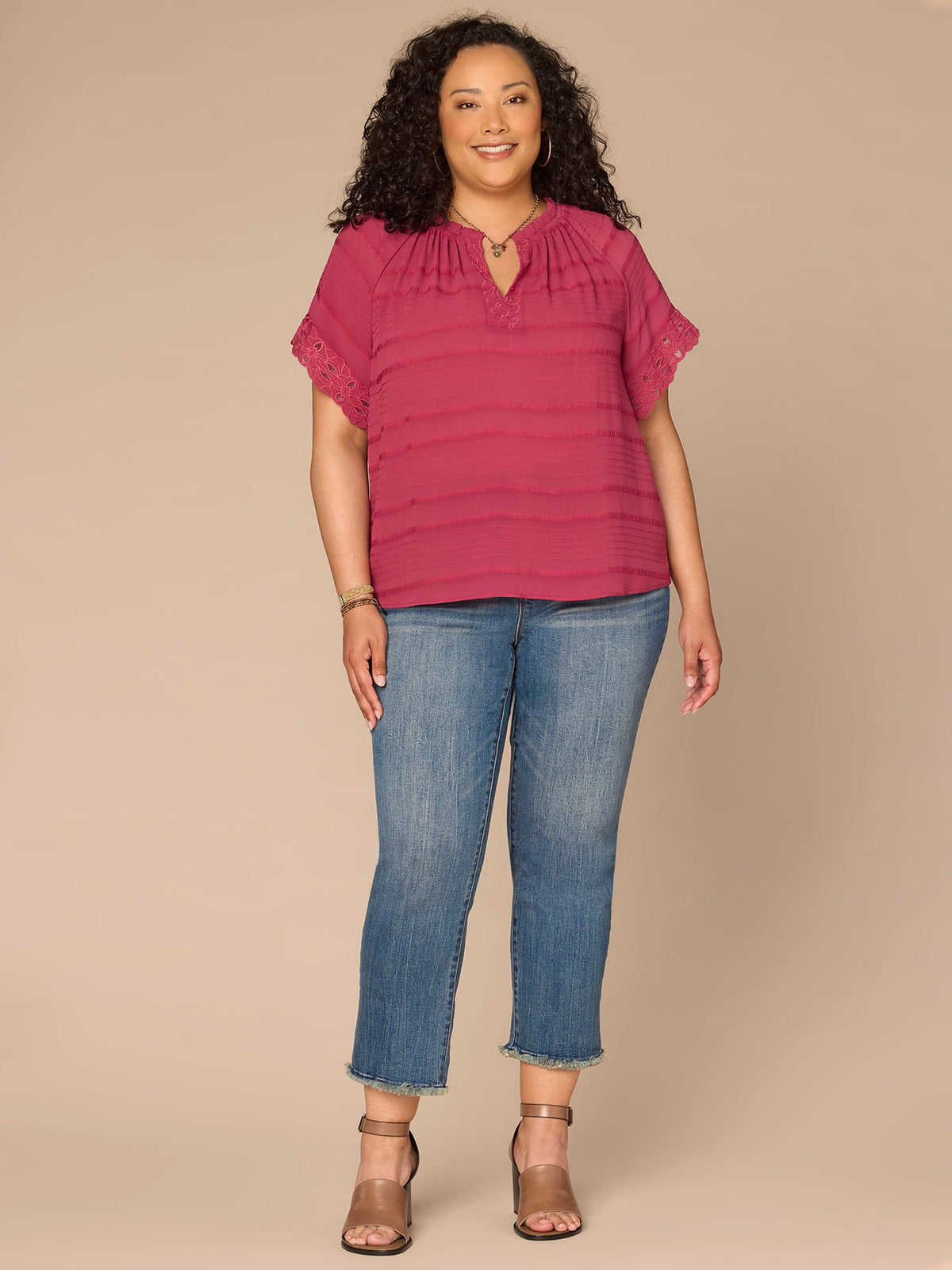Short Sleeve Ruffle Split Neck Embroidered Plus Size Woven Top - Harvest Green|Beet Red