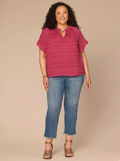 Short Sleeve Ruffle Split Neck Embroidered Plus Size Woven Top - Harvest Green|Beet Red