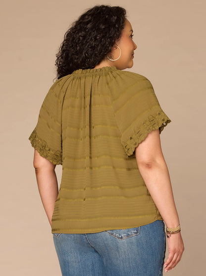 Short Sleeve Ruffle Split Neck Embroidered Plus Size Woven Top - Harvest Green|Beet Red