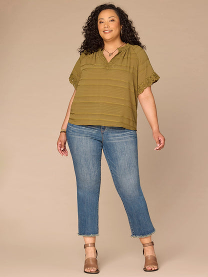 Short Sleeve Ruffle Split Neck Embroidered Plus Size Woven Top - Harvest Green|Beet Red