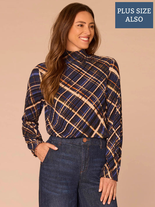 Long Blouson Sleeve Turtleneck Zip Back Plaid Print Plus Size Knit Top - Navy Multi Stripe