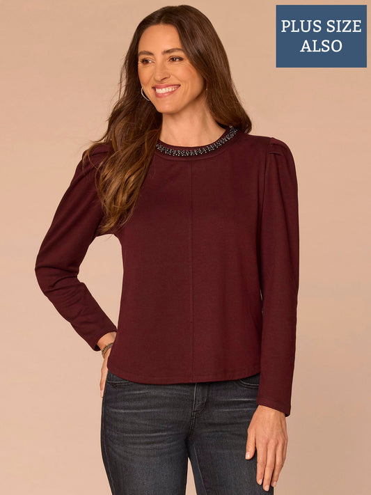 Long Puff Sleeve Rhinestone Scoop Neck Keyhole Back Plus Size Knit Top - Oxblood