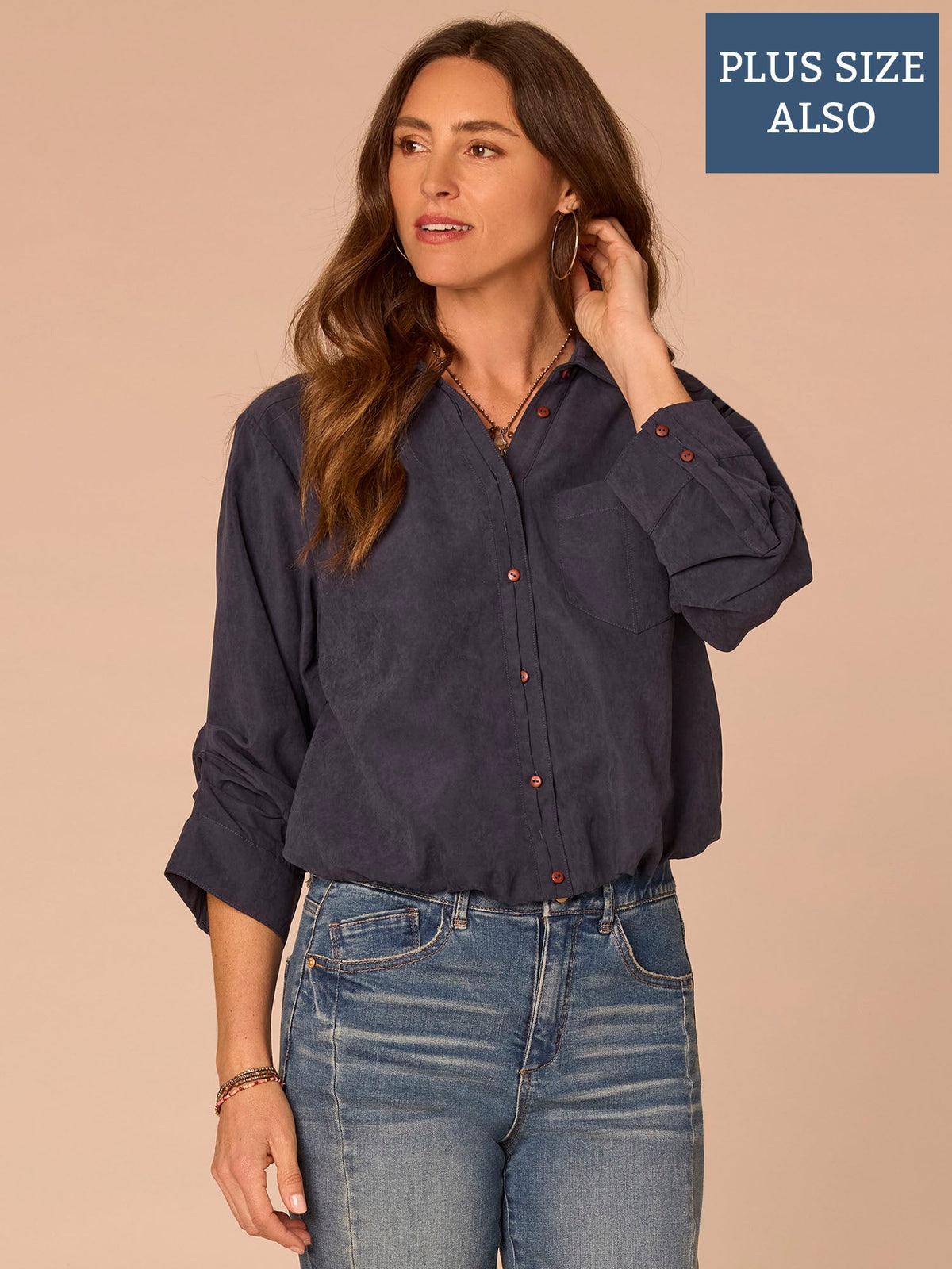 Three Quarter Sleeve Button Down Bubble Hem Plus Size Woven Shirt - Orion Blue