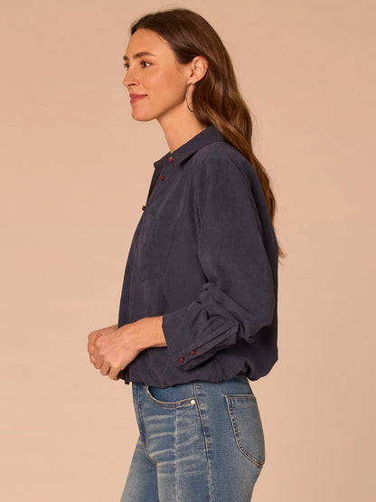 Three Quarter Sleeve Button Down Bubble Hem Plus Size Woven Shirt - Orion Blue