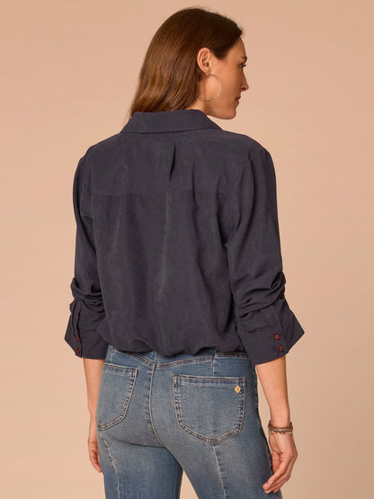 Three Quarter Sleeve Button Down Bubble Hem Plus Size Woven Shirt - Orion Blue