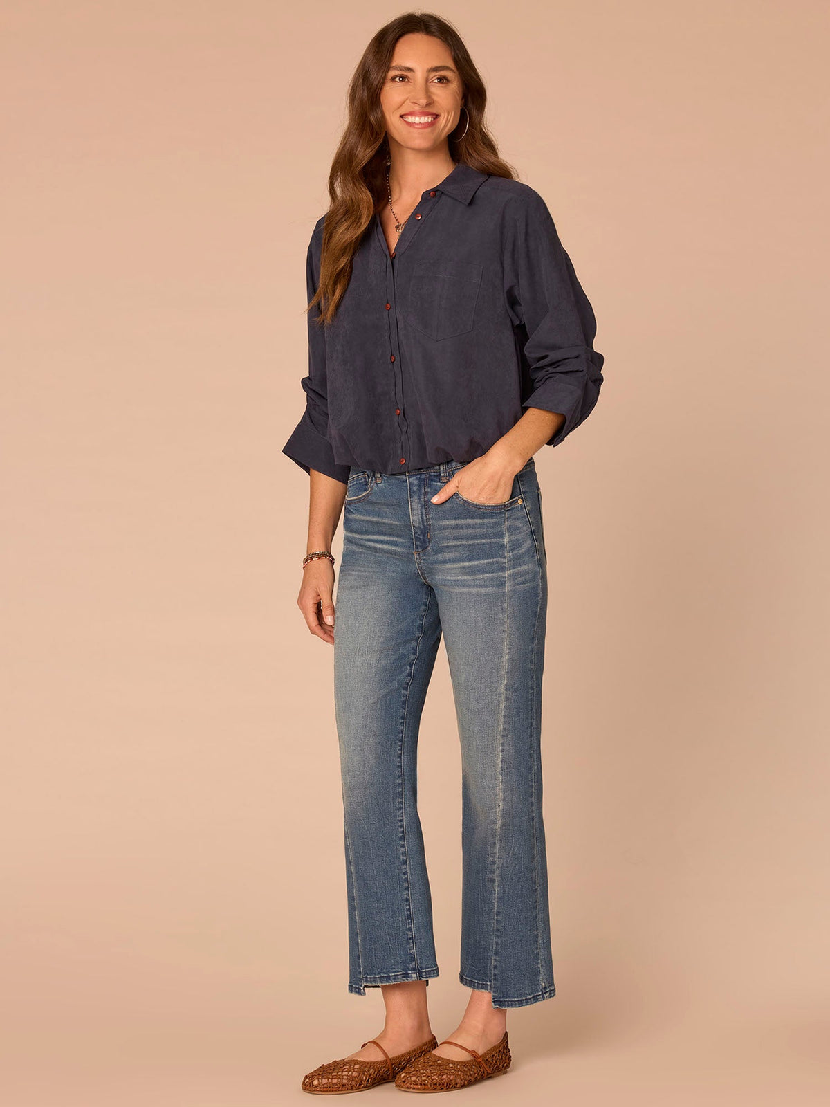 Three Quarter Sleeve Button Down Bubble Hem Plus Size Woven Shirt - Orion Blue