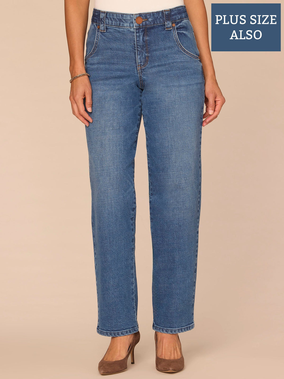 "Ab"solution® High Rise Mid Blue Plus Size Stovepipe Jeans - Mid Blue Denim