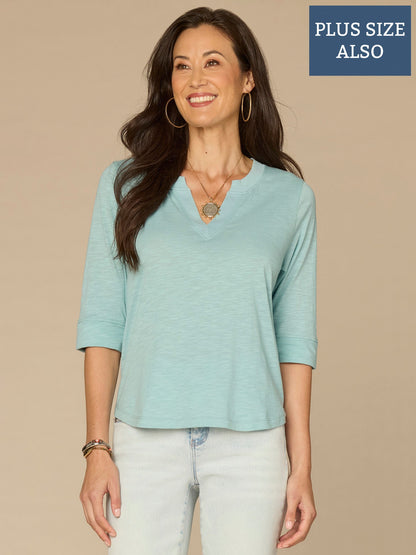 Roll Cuff Sleeve Round Split V-Neck Surplus Hem Plus Size Knit Top - Aqua Haze|Black|Deep Jade|Island Sky|Off White|Papaya|Coral Punch|Dark Raisin|Maple Leaf|Navy|Winter Sky