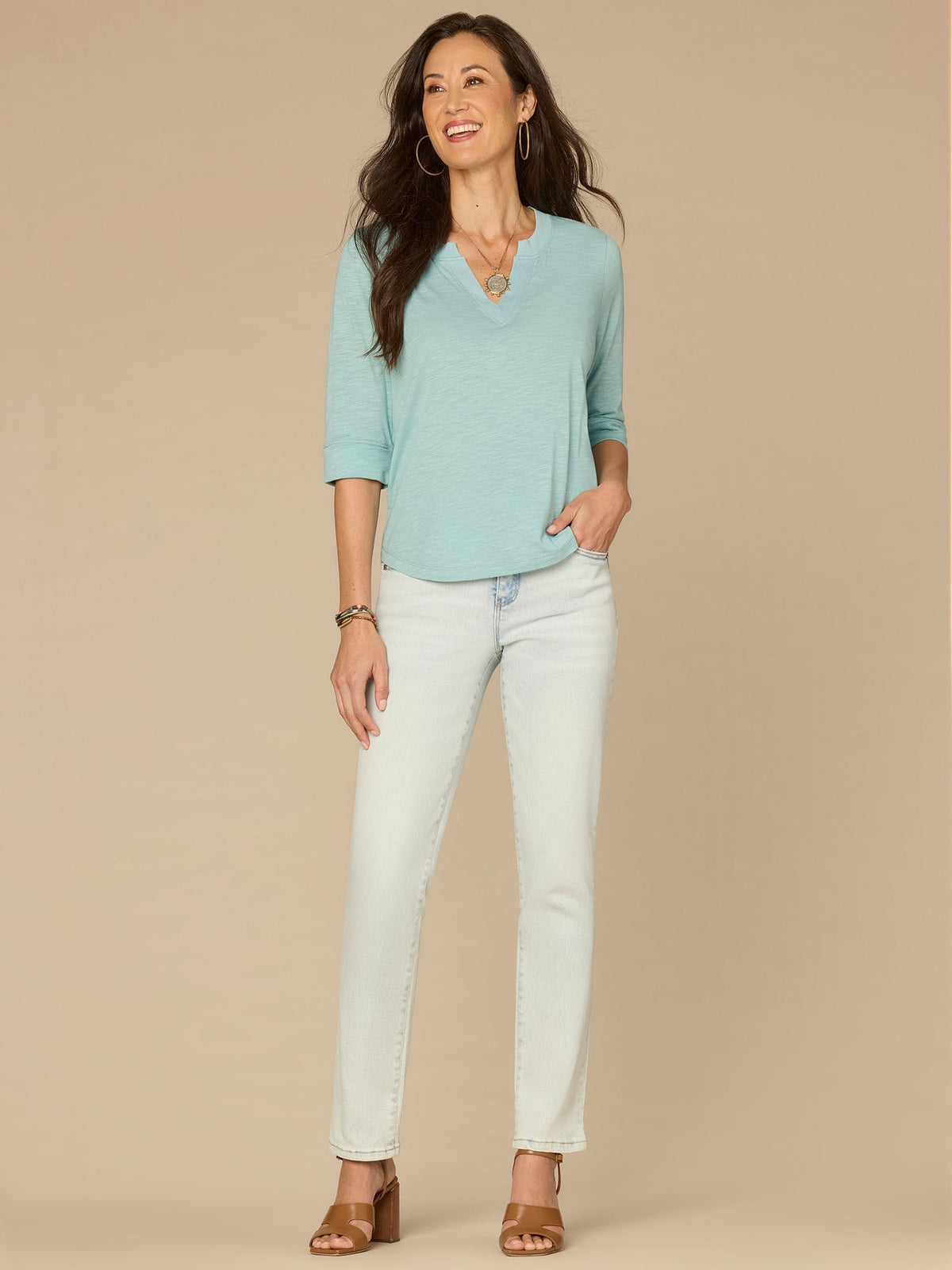 Roll Cuff Sleeve Round Split V-Neck Surplus Hem Plus Size Knit Top - Aqua Haze|Black|Deep Jade|Island Sky|Off White|Papaya|Coral Punch|Dark Raisin|Maple Leaf|Navy|Winter Sky