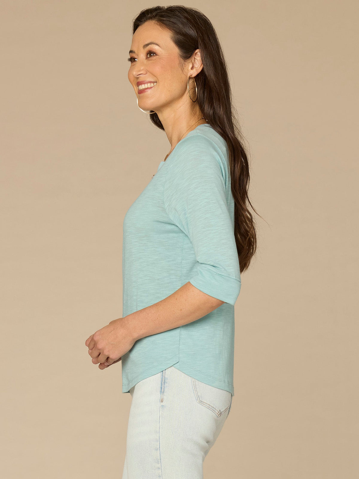 Roll Cuff Sleeve Round Split V-Neck Surplus Hem Plus Size Knit Top - Aqua Haze|Black|Deep Jade|Island Sky|Off White|Papaya|Coral Punch|Dark Raisin|Maple Leaf|Navy|Winter Sky