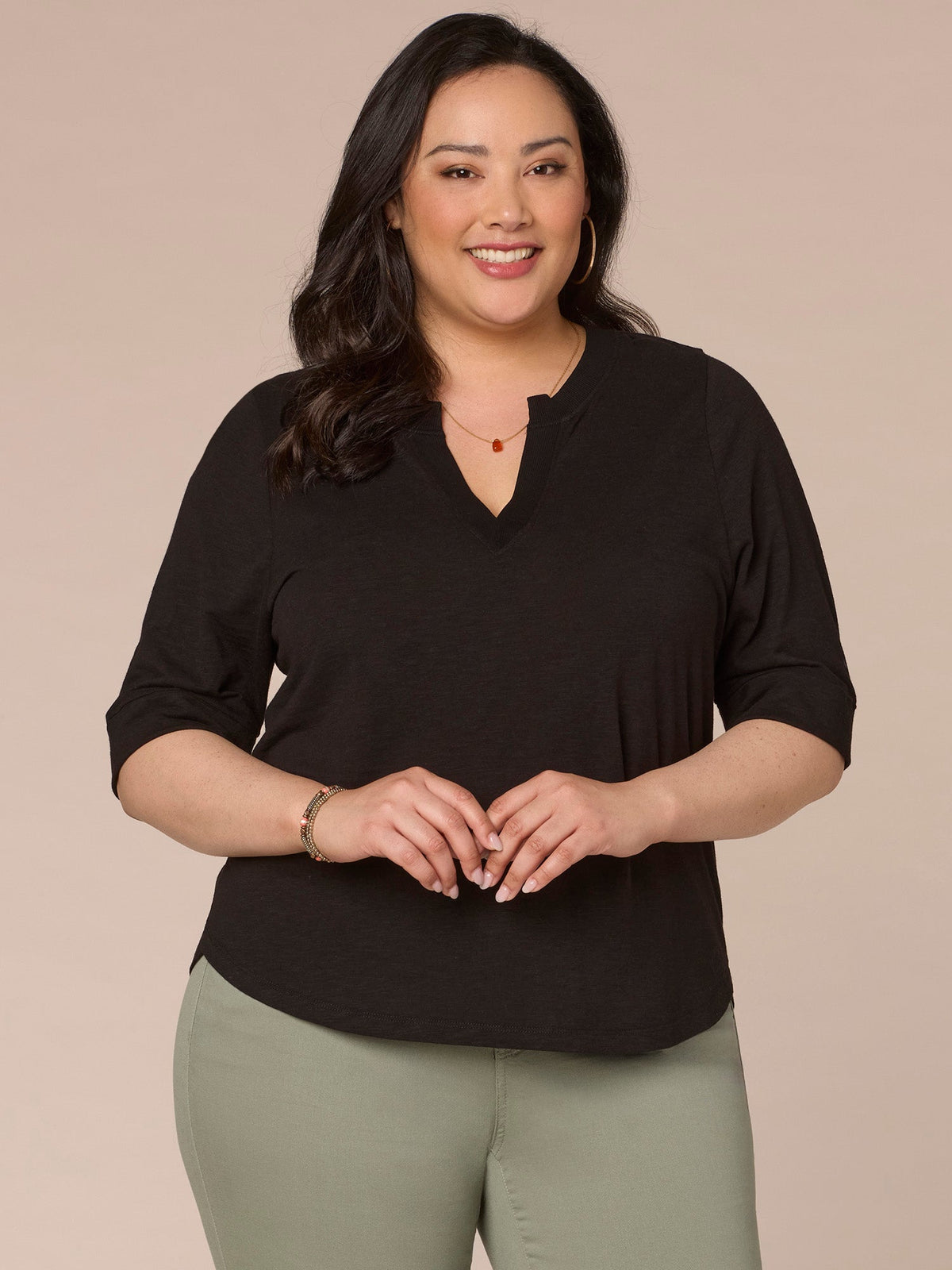 Roll Cuff Sleeve Round Split V-Neck Surplus Hem Plus Size Knit Top - Aqua Haze|Black|Deep Jade|Island Sky|Off White|Papaya|Coral Punch|Dark Raisin|Maple Leaf|Navy|Winter Sky