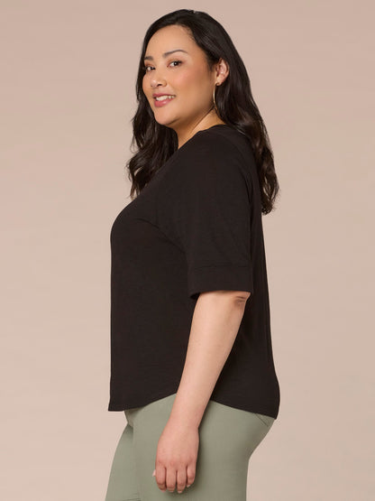 Roll Cuff Sleeve Round Split V-Neck Surplus Hem Plus Size Knit Top - Aqua Haze|Black|Deep Jade|Island Sky|Off White|Papaya|Coral Punch|Dark Raisin|Maple Leaf|Navy|Winter Sky