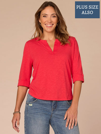 Roll Cuff Sleeve Round Split V-Neck Surplus Hem Plus Size Knit Top - Aqua Haze|Black|Deep Jade|Island Sky|Off White|Papaya|Coral Punch|Dark Raisin|Maple Leaf|Navy|Winter Sky