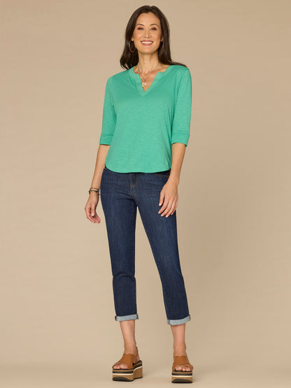 Roll Cuff Sleeve Round Split V-Neck Surplus Hem Plus Size Knit Top - Aqua Haze|Black|Deep Jade|Island Sky|Off White|Papaya|Coral Punch|Dark Raisin|Maple Leaf|Navy|Winter Sky