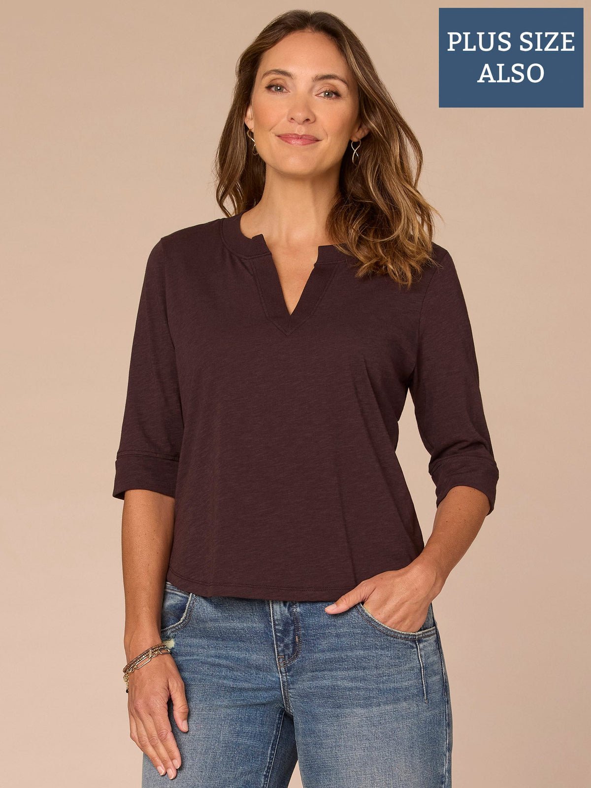 Roll Cuff Sleeve Round Split V-Neck Surplus Hem Plus Size Knit Top - Aqua Haze|Black|Deep Jade|Island Sky|Off White|Papaya|Coral Punch|Dark Raisin|Maple Leaf|Navy|Winter Sky
