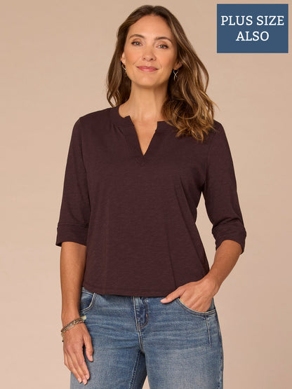 Roll Cuff Sleeve Round Split V-Neck Surplus Hem Plus Size Knit Top - Aqua Haze|Black|Deep Jade|Island Sky|Off White|Papaya|Coral Punch|Dark Raisin|Maple Leaf|Navy|Winter Sky