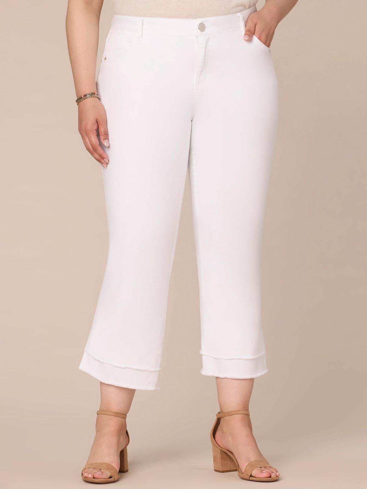 "Ab"solution Mid-Rise Flare Plus Size Jeans with Double Layer Fray Hem - Optic White Denim