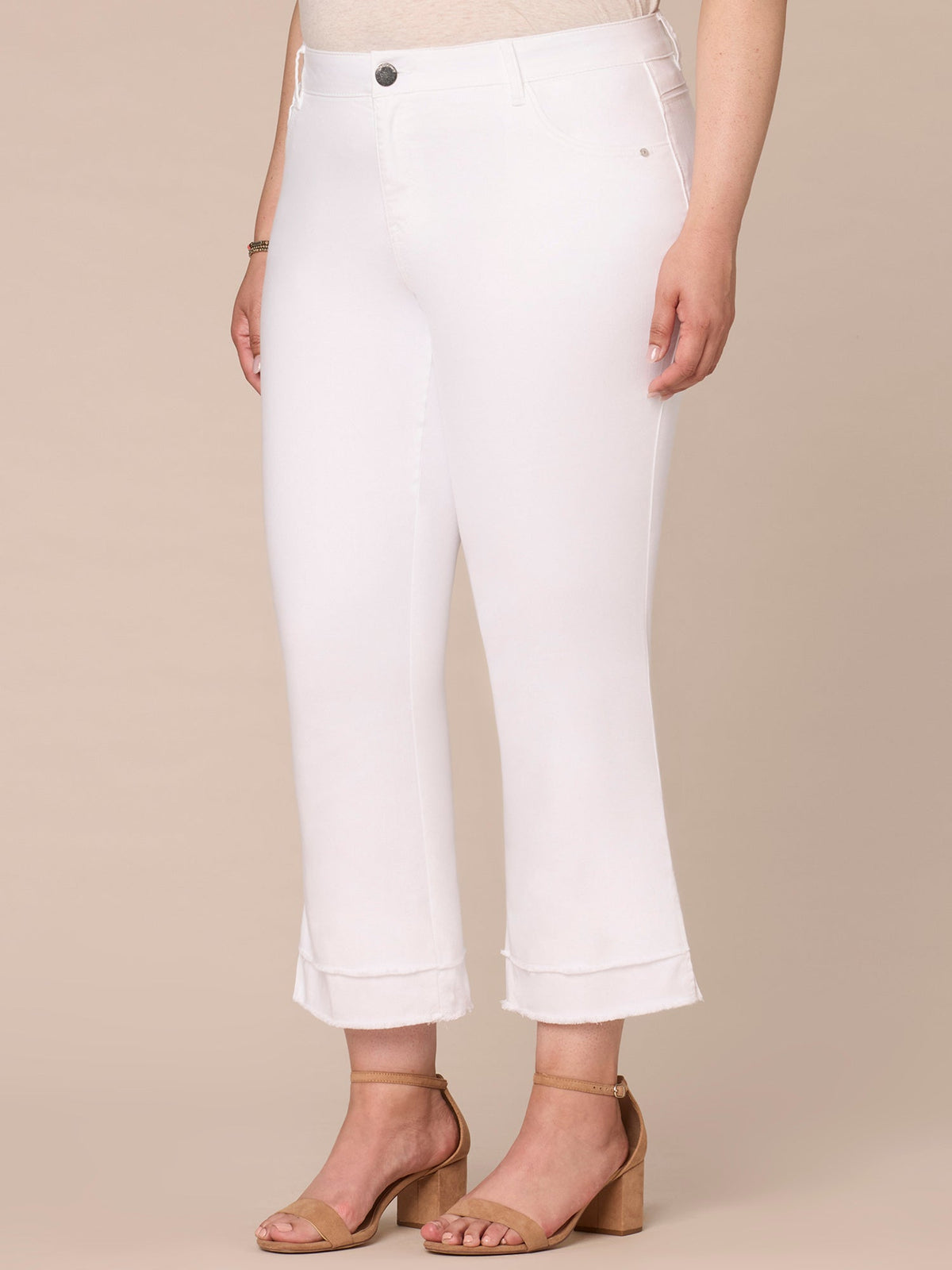 "Ab"solution Mid-Rise Flare Plus Size Jeans with Double Layer Fray Hem - Optic White Denim